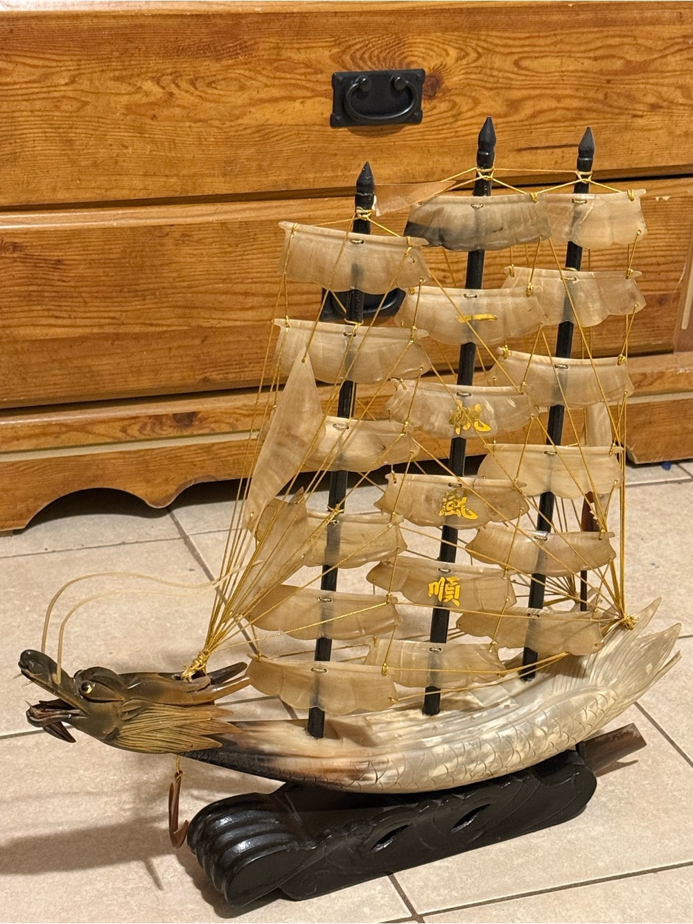 Vintage Decorative Dragon Sailboat 3 Mast Handcrafted Carved Cow Horn(21”x23x4”)